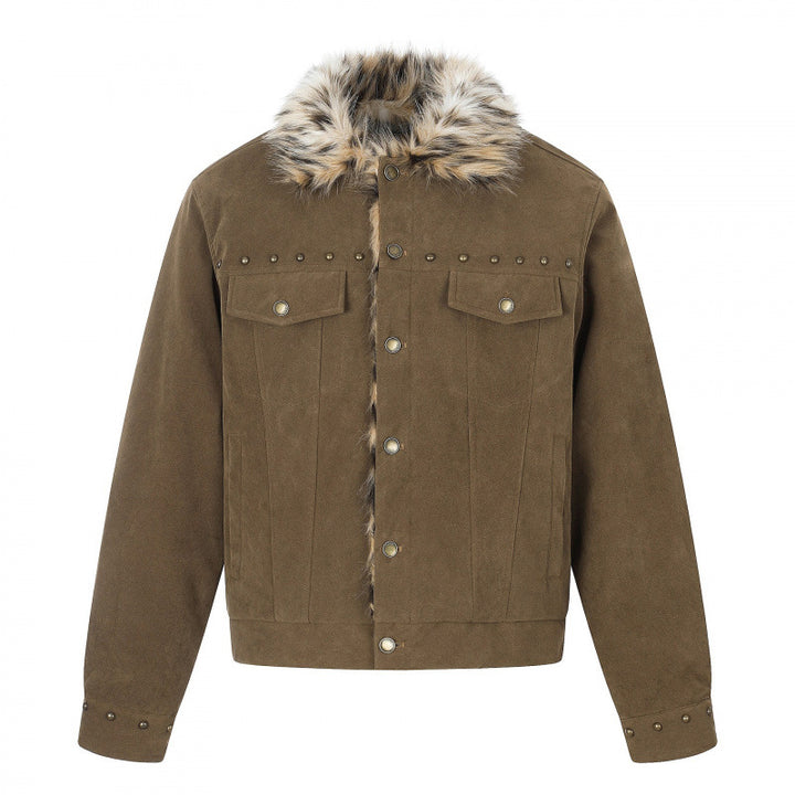 Herren Kurzjacke aus Velourslederimitat mit Kunstfellkragen und Nieten-Details Drune
