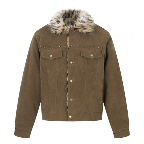 Herren Kurzjacke aus Velourslederimitat mit Kunstfellkragen und Nieten-Details Drune