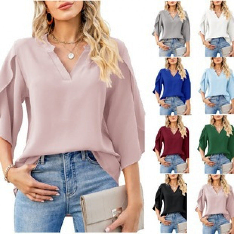 Damen Chiffonbluse mit V-Ausschnitt und eleganten Rüsenärmel Drune