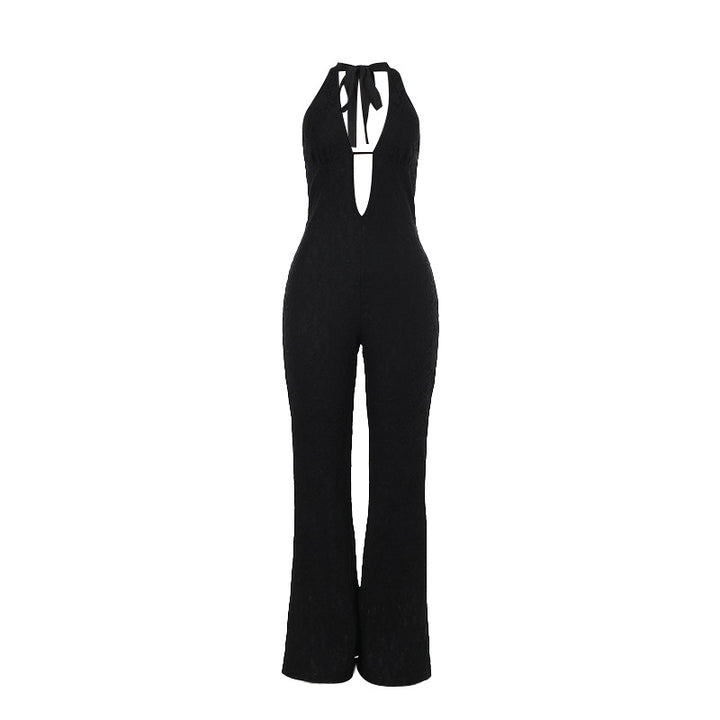 Damen eleganter Jumpsuit mit tiefem V-Ausschnitt und ausgestelltem Bein Drune