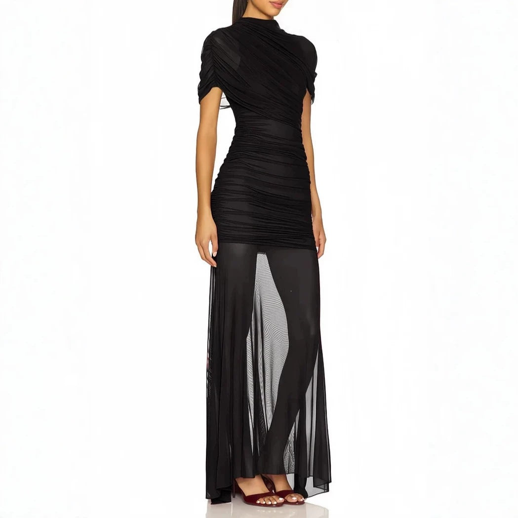 Damen Elegantes Cocktailkleid mit gerafftem Design und transparenter Schicht Drune