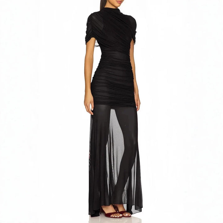 Damen Elegantes Cocktailkleid mit gerafftem Design und transparenter Schicht Drune