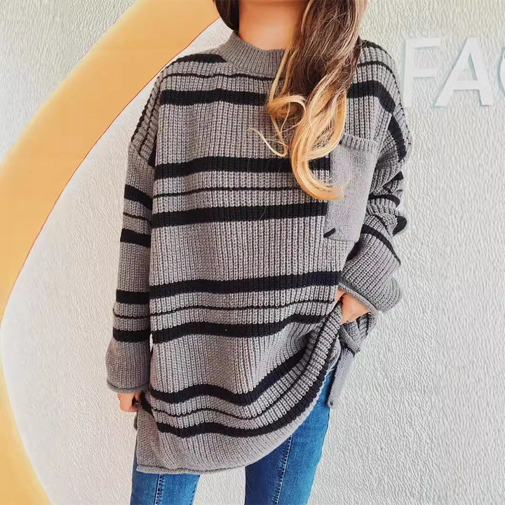 Damen oversized Strickpullover mit modernen Streifen Drune