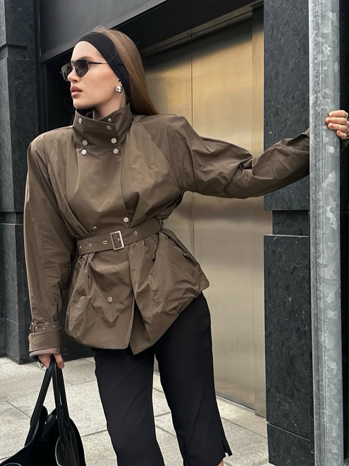 Damen modische Utility-Jacke mit Taillengürtel und trendy Knopfdetails Drune