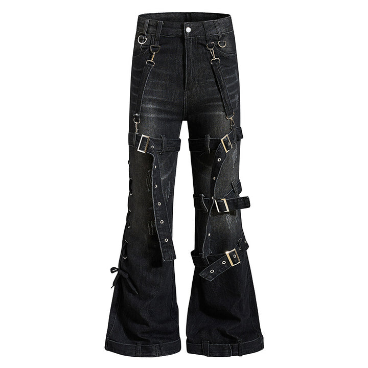 Damen Bondage-Flared-Jeans mit dekorativen Schnallen, Riemen und Used-Look Drune