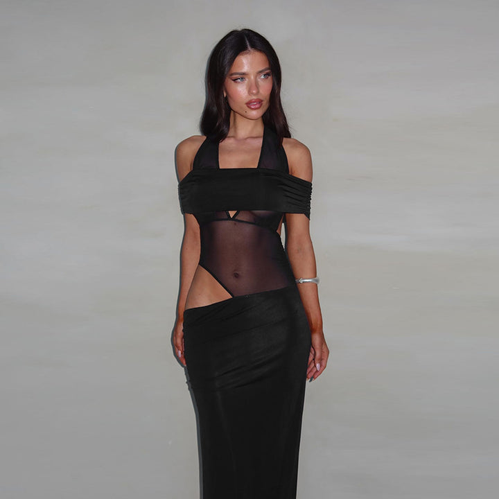 Damen schulterfreies, elegantes Maxikleid mit transparenten Einsätzen und Rüschendetails Drune