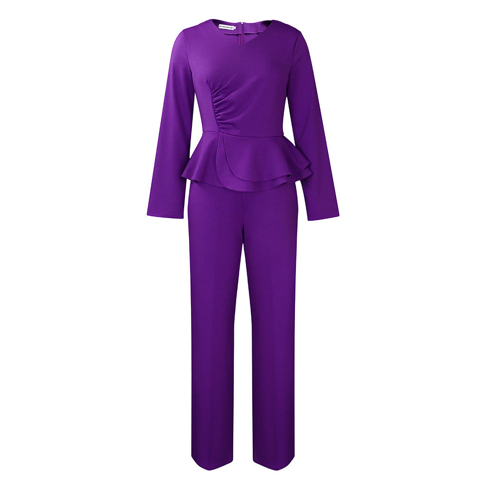 Damen eleganter Jumpsuit mit peplum Schnitt und langen Ärmeln Drune