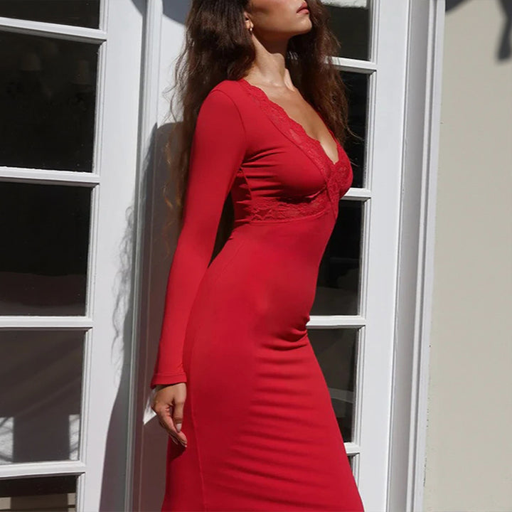 Damen figurbetontes Maxikleid mit Spitzen-Bustier tiefem V-Ausschnitt und taillierter Empire-Naht Drune
