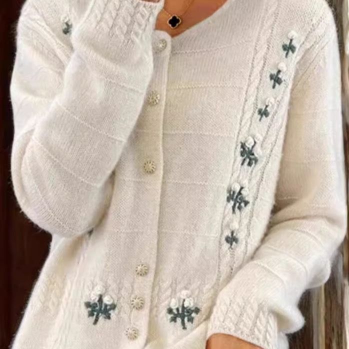 Damen nan Strickcardigan mit floraler Reliefstickerei und Zopfmuster Drune