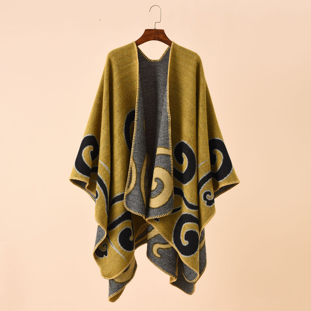 Damen Wollmix-Capeponcho im Ruana-Schnitt mit ornamentaler Intarsienstruktur Drune