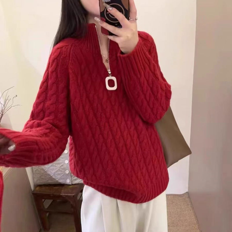 Damen Oversize Zopfmuster-Feinstrickpullover mit halbem Zipper und Stehkragen Drune