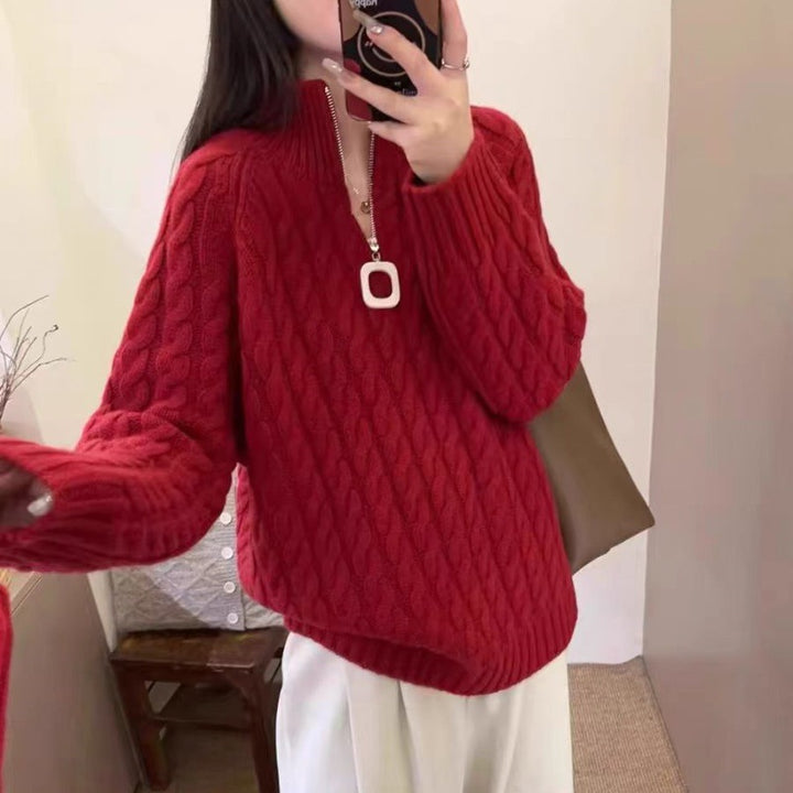 Damen Oversize Zopfmuster-Feinstrickpullover mit halbem Zipper und Stehkragen Drune