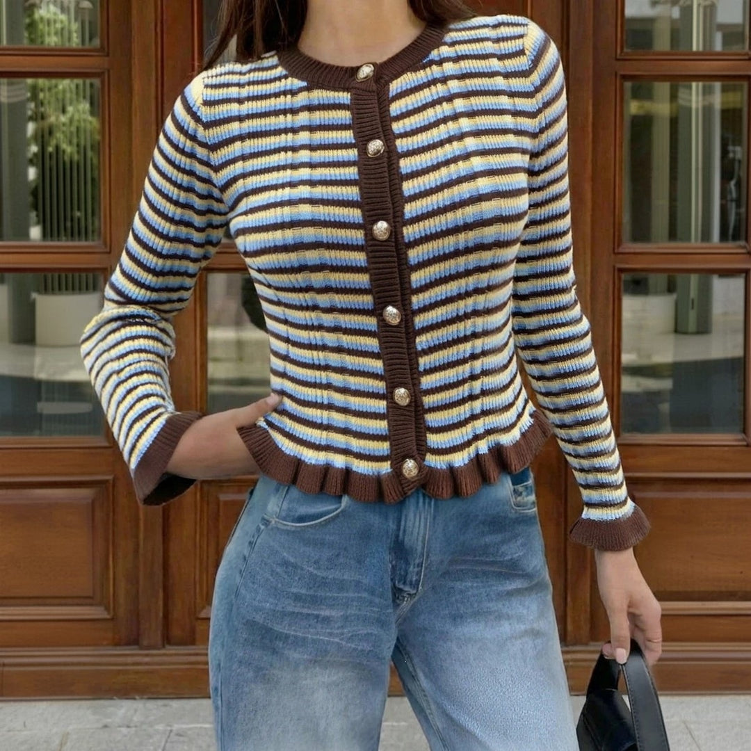 Damen Gerippte Kurzcardigan mit Rüschenbündchen & Statement‑Knöpfen Drune