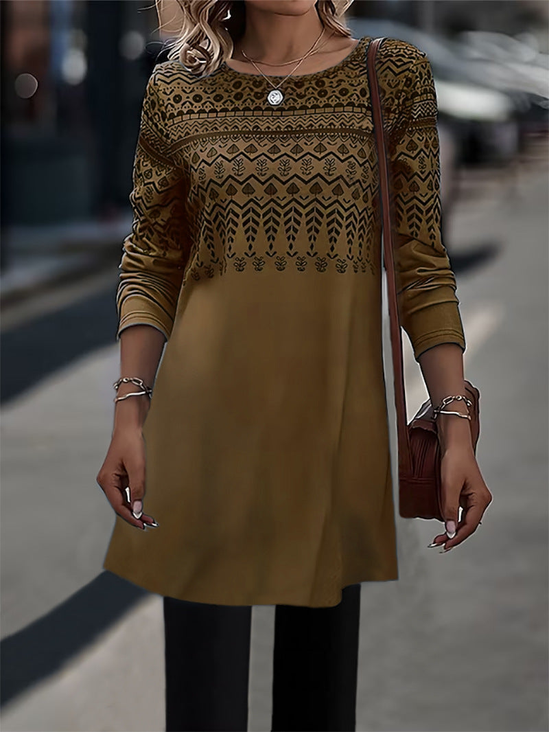 Frauen Longline Tunika Kleid mit Ethno Druck und Rundhalsausschnitt Drune