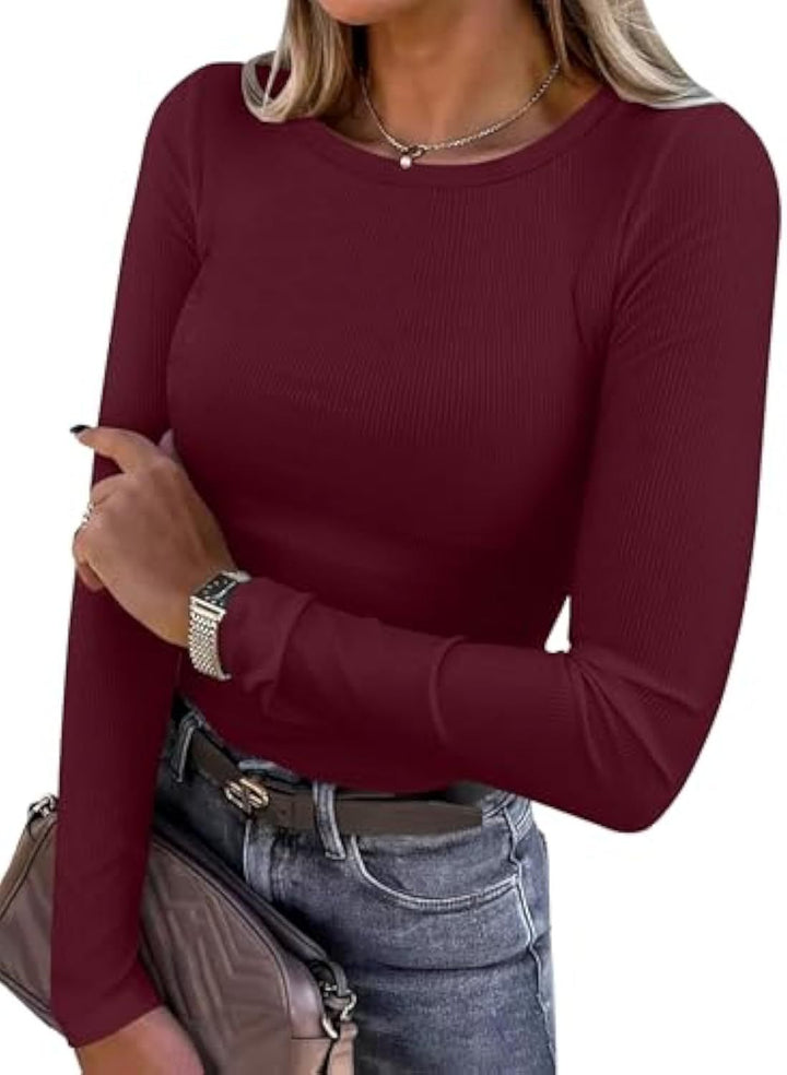 Damen Schmalgeschnittenes Ripp-Longsleeve mit Rundhalsausschnitt und Stretch-Baumwollmix Drune