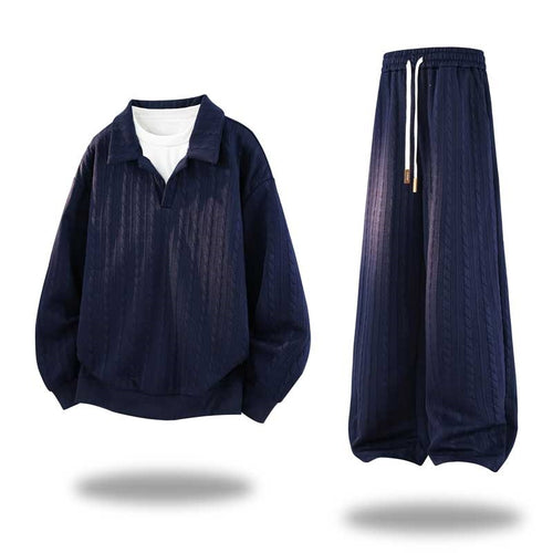 Herren Oversize Strukturiertes Lounge‑Set mit Polokragen, Zopfmuster‑Optik & weitem Bein Drune