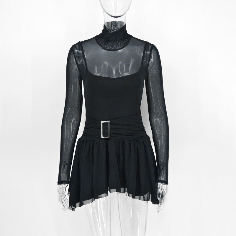 Damen Mini-Raffkleid mit transparenten Ärmeln und tailliertem Design Drune