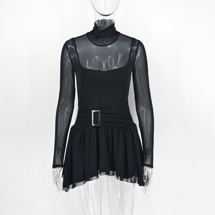 Damen Mini-Raffkleid mit transparenten Ärmeln und tailliertem Design Drune