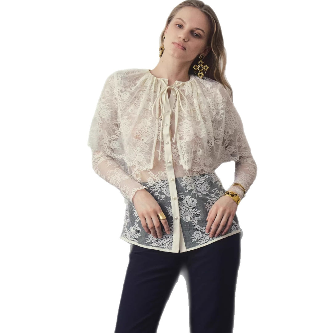 Damen Spitzenbluse mit eleganter Schleifenverzierung und transparenten Einsätzen Drune