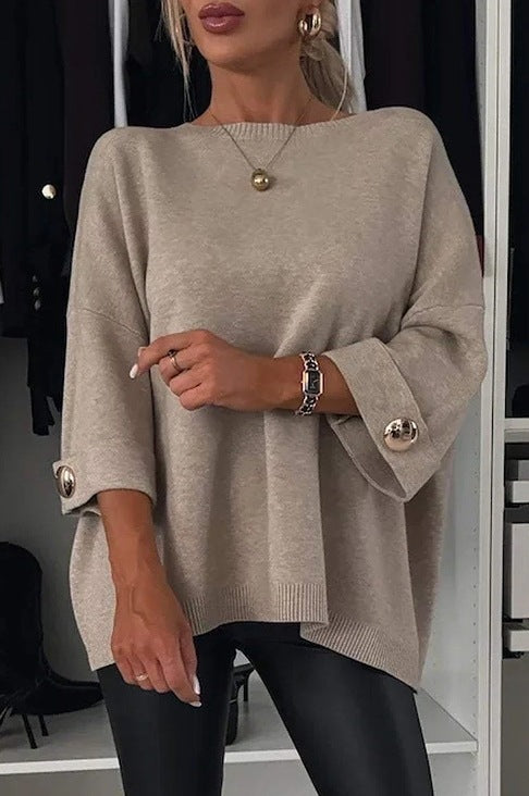 Damen Eleganter Strickpullover mit weit geschnittenen Ärmeln und Knopfdetails Drune