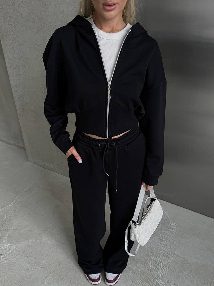 Damen nan zweiteiliges Cropped Hoodie-Set mit weitem Bundhose-Schnitt und tailliertem Reißverschluss Drune