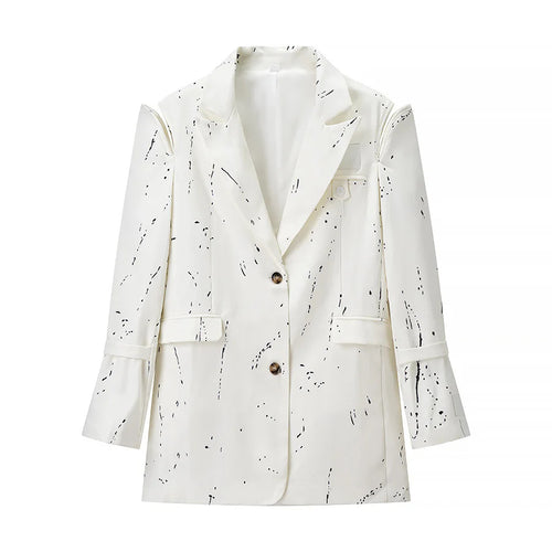 Damen nan kastiger Kunstseiden-Blazer mit abstraktem Splash-Print, Reverskragen und Pattentaschen Drune