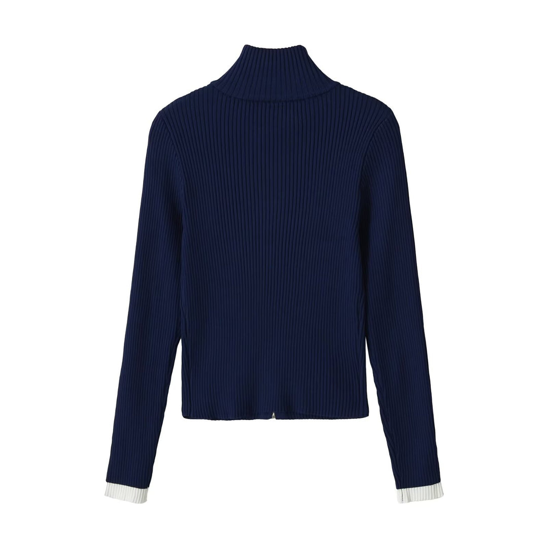 Damen Gerippte Reißverschluss-Strickjacke mit Stehkragen und Kontrastbündchen Drune