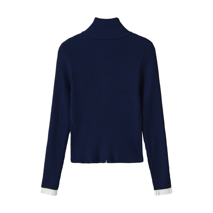 Damen Gerippte Reißverschluss-Strickjacke mit Stehkragen und Kontrastbündchen Drune