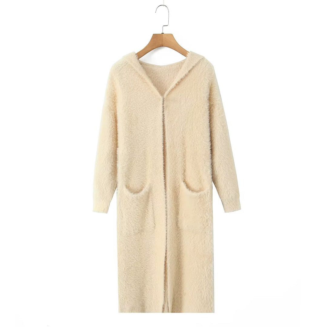 Damen Langer flauschiger Kapuzencardigan mit aufgesetzten Eingrifftaschen und offener Front Drune