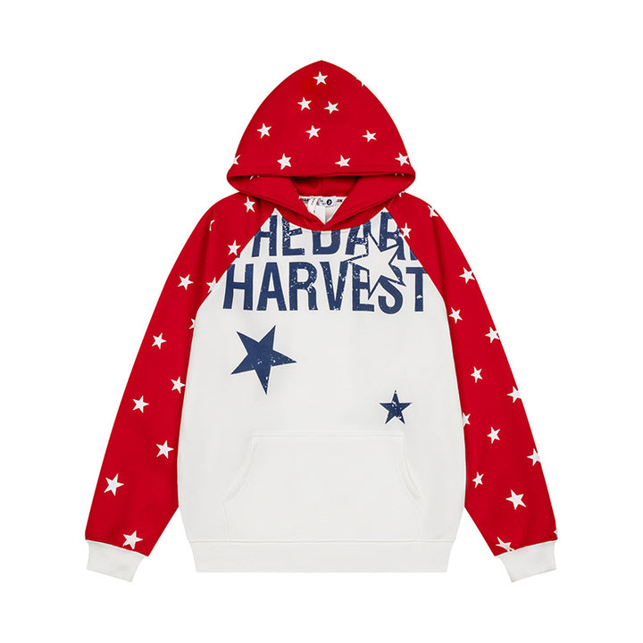 Damen Kapuzenpullover im Raglanstyle mit Sternen‑Allover, Kängurutasche und Vintage‑Print Drune