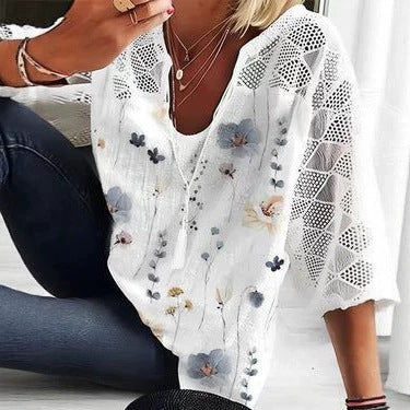 Damen nan V-Ausschnitt-Tunika mit Ajourstrick-Ärmeln und dezentem Aquarell-Blumenprint Drune