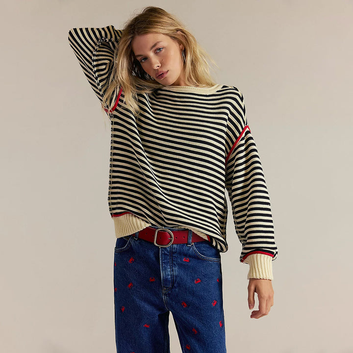 Damen Oversize Ringelstrickpullover mit weitem Schnitt, Bündchen & kontrastierenden Paspeln Drune