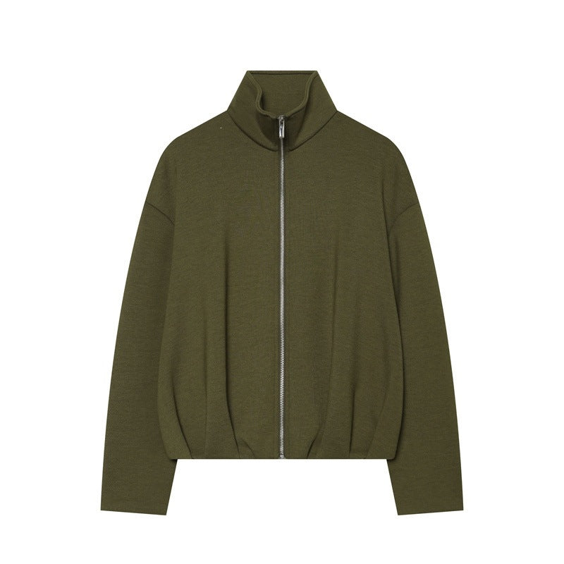 Damen Boxy Cropped Stehkragen‑Strickjacke mit durchgehendem Reißverschluss und überschnittener Schulter Drune