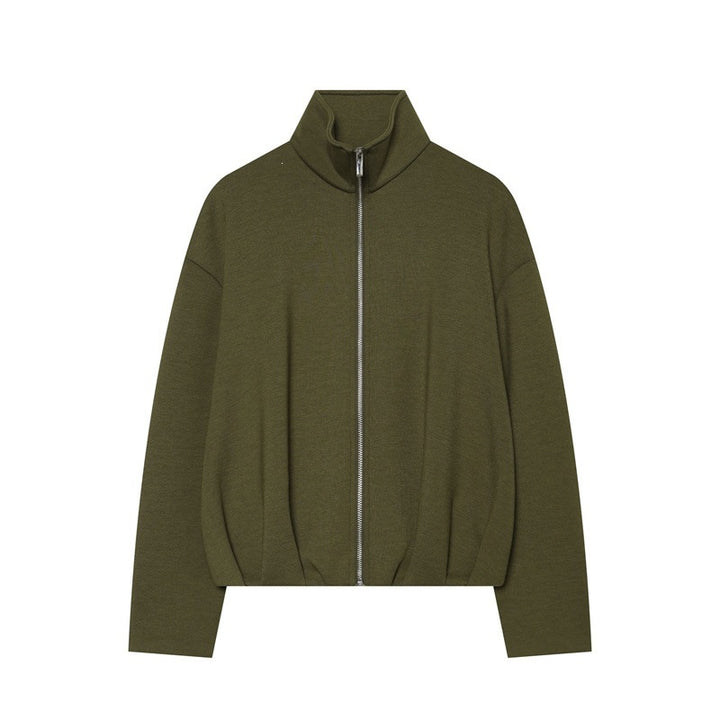 Damen Boxy Cropped Stehkragen‑Strickjacke mit durchgehendem Reißverschluss und überschnittener Schulter Drune