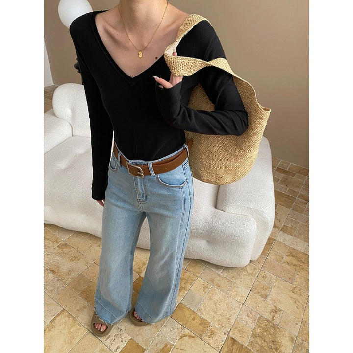 Damen elegantes Langarmshirt mit tiefem V-Ausschnitt und feiner Rippstruktur Drune