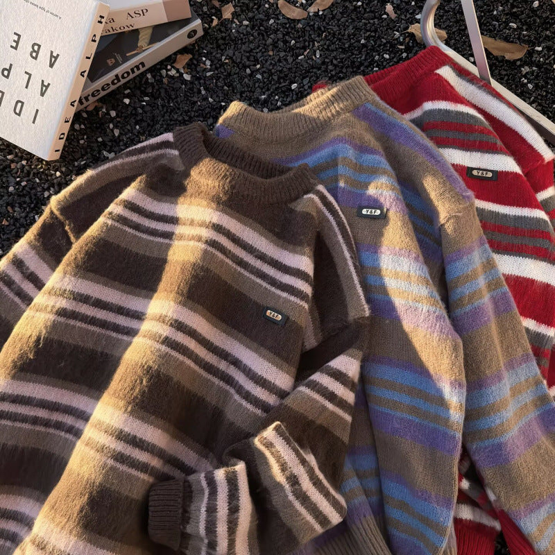 Unisex Gestreifter Oversize-Mohair‑Optik Pullover mit Rundhals und weicher Struktur Drune