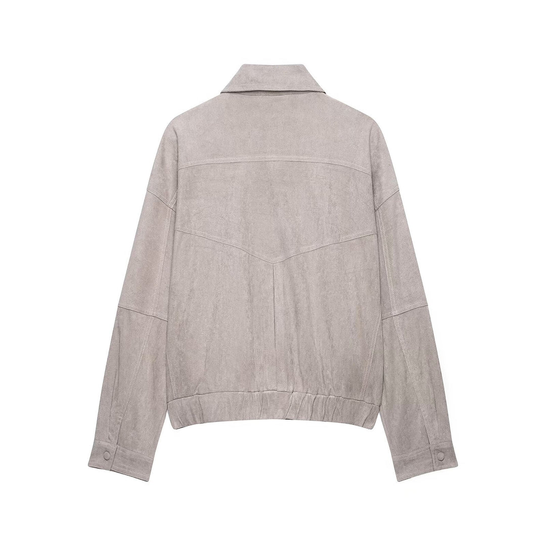 Damen Oversized Veloursleder‑Optik Bomberjacke mit Pattentaschen und elastischem Saum Drune