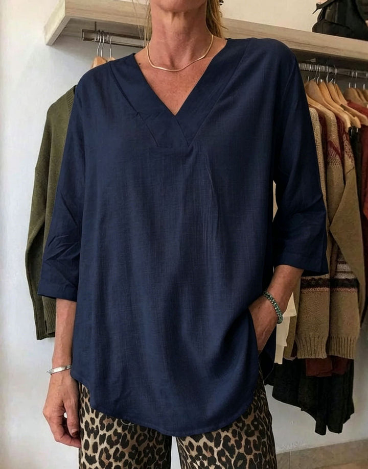 Damen Leichte Oversize V-Ausschnitt Tunika in Leinenoptik mit dreiviertel Ärmeln und abgerundetem Saum Drune