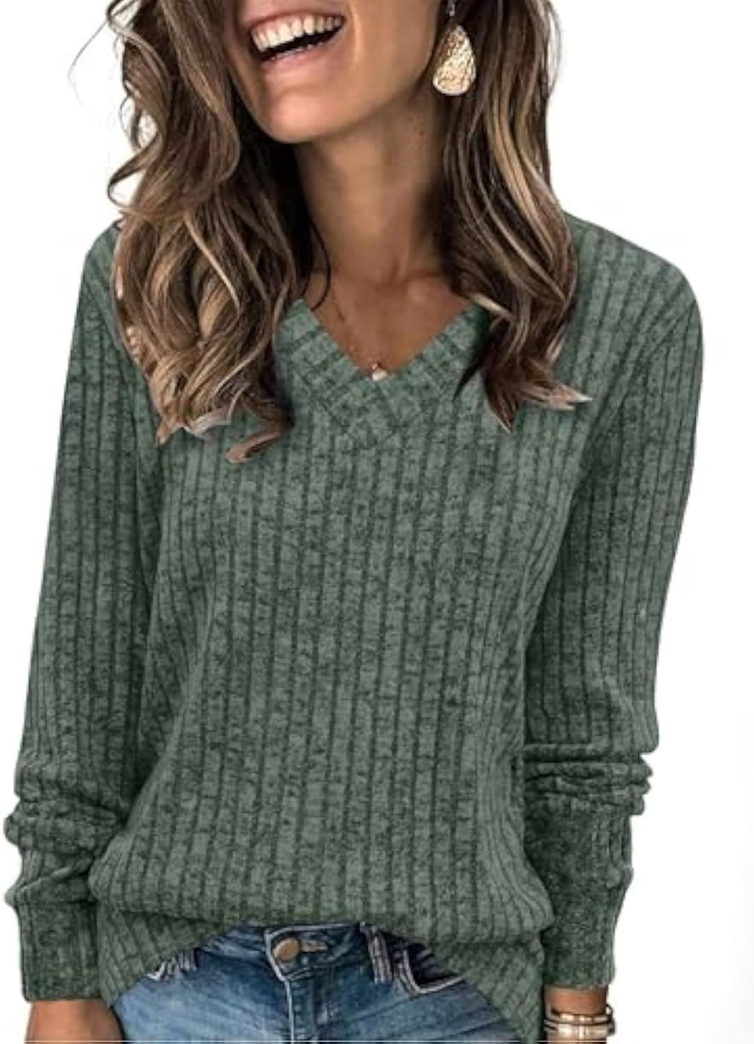 Damen gerippter V‑Ausschnitt Feinstrickpullover mit längerem Arm Drune