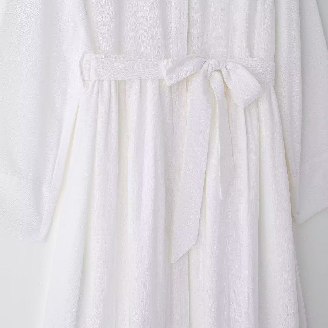 Damen Hemdkleid mit Taillengürtel und fließender Maxirock-Silhouette Drune
