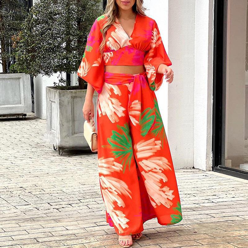 Damen Zwei-Teiler Sommer Set mit Wickel-Crop-Top und Hochtaillierten Palazzo-Hosen EB