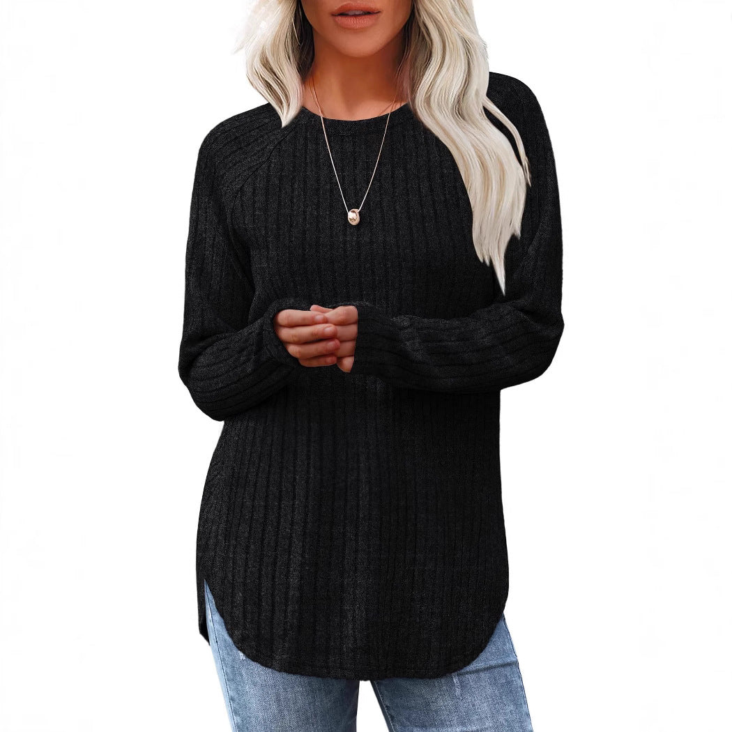 Damen gerippter Strickpullover mit Rundhalsausschnitt Oversize-Passform und Seitenschlitzen Drune