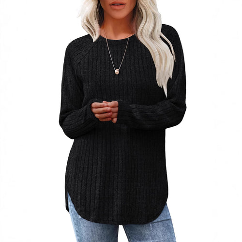 Damen gerippter Strickpullover mit Rundhalsausschnitt Oversize-Passform und Seitenschlitzen Drune