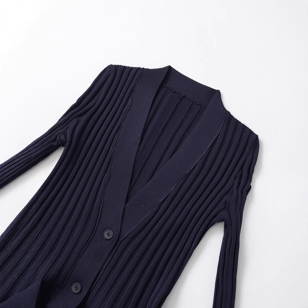 Damen nan gerippter Strickcardigan mit Schalkragen, tailliertem Volantsaum und Knopfleiste Drune
