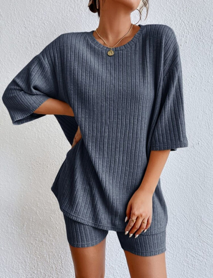 Damen komfortables Kurzarm Set mit Rippstrick und relaxed Schnitt Drune