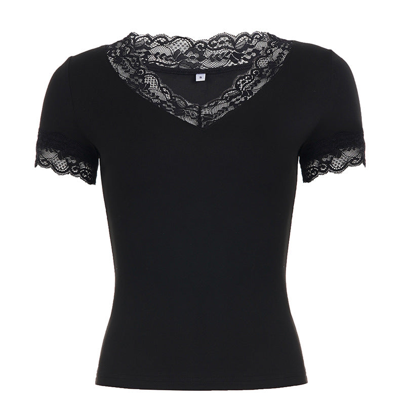Damen T-Shirt mit Spitzenbesatz und V-Ausschnitt Drune