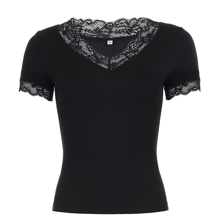 Damen T-Shirt mit Spitzenbesatz und V-Ausschnitt Drune