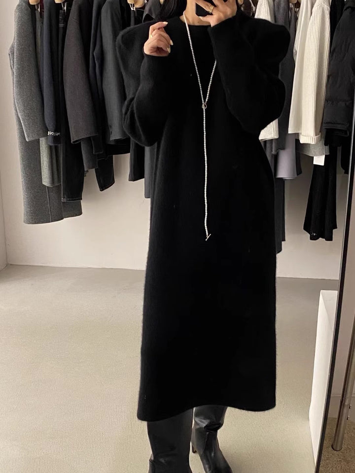 Damen elegantes Strickkleid mit Puffärmeln und Rundhalsausschnitt Drune
