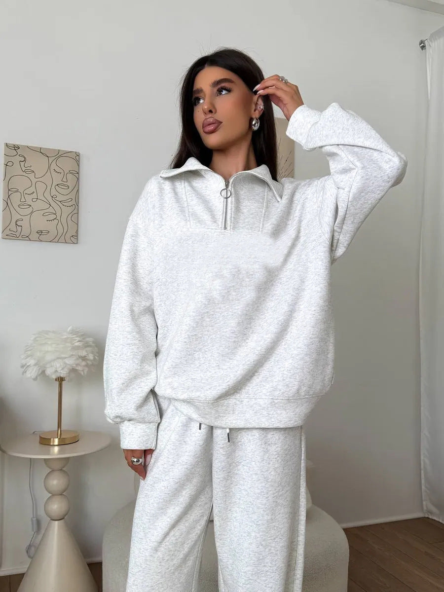 Damen lässiges Sweatset mit halbhohem Reißverschluss Kragen und weitem Jogger Drune