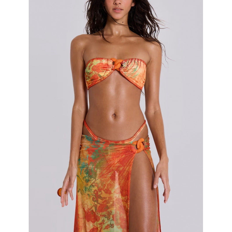 Damen Strandkleid mit floralem Wickeldetail und raffiniertem Bindeband Drune